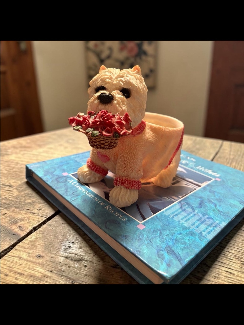 Ceramic Westie Dog Planter in Peach with Red Accents
